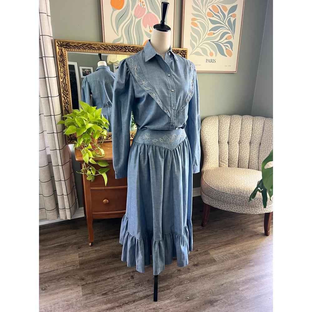 Vintage 70s H Bar C Western Shirt and Skirt Set Rhinestone Embroidery Blue 10 12
